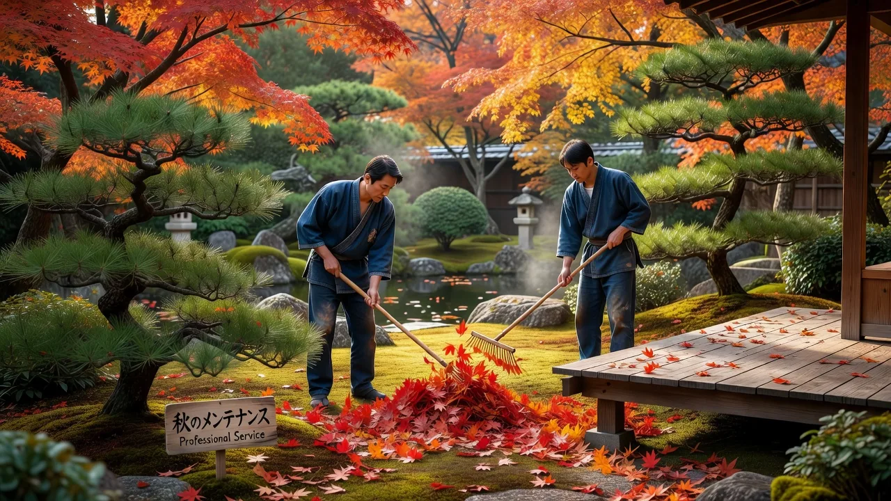 秋の落ち葉かきの作業