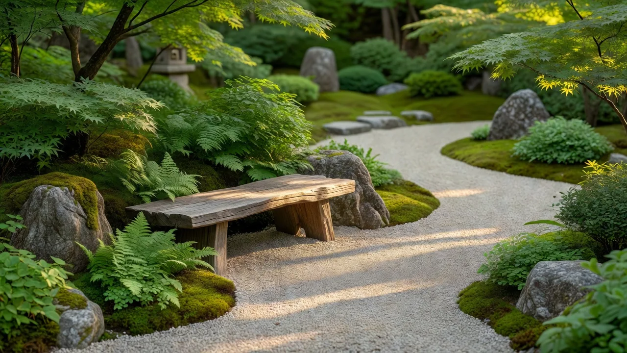 庭のウッドベンチでくつろぐ風景