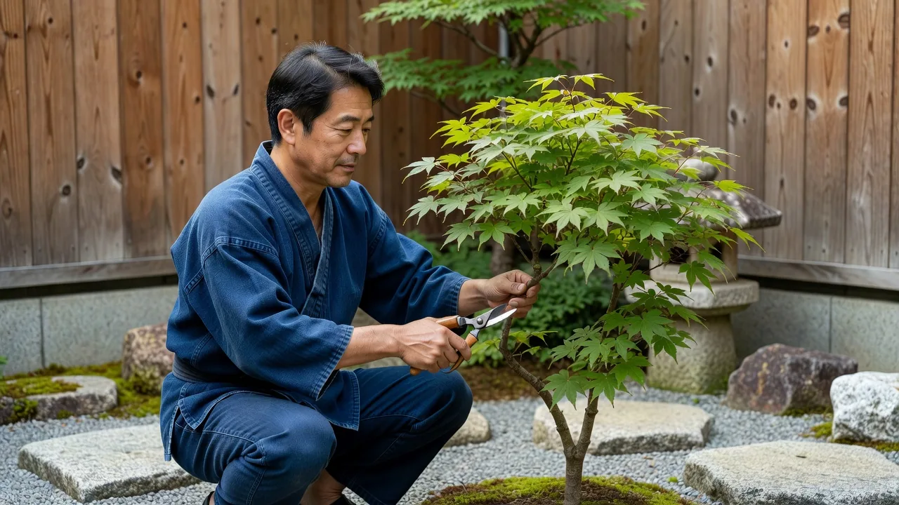 モミジを丁寧に剪定する庭師