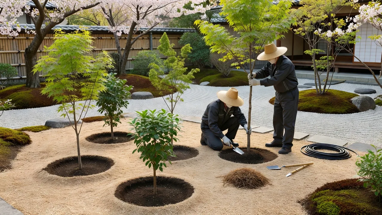 春の新しい樹木の植え付け