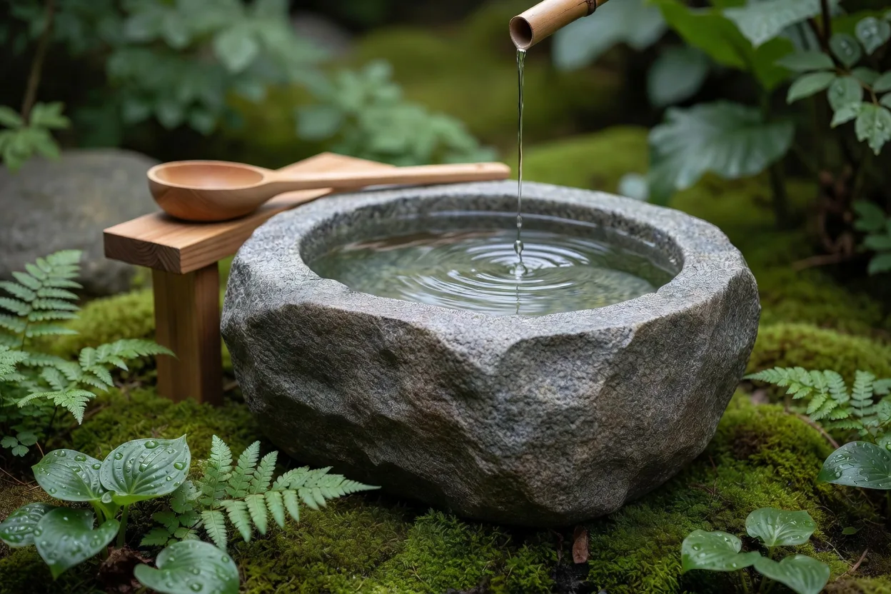 石の手水鉢のある静かな庭