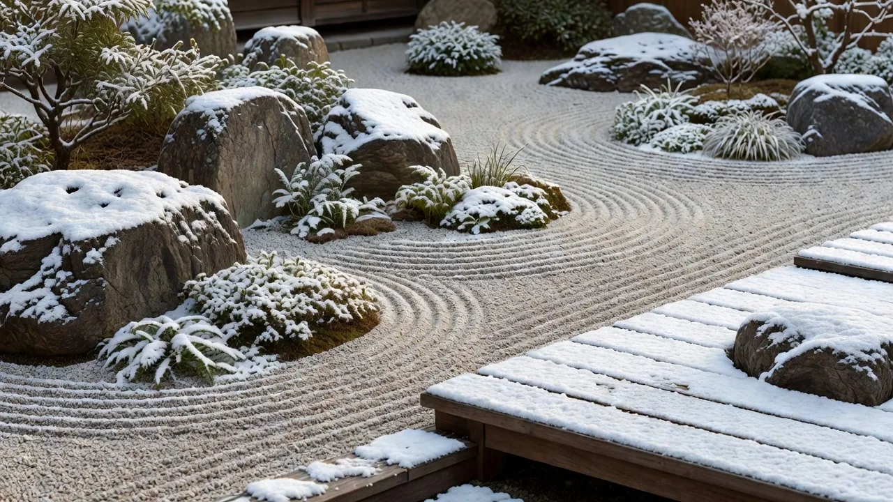 うっすら雪が積もった冬の庭